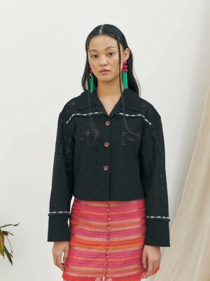 Black Lace Embroidered Ethnic Jacket, Black