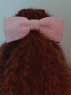 Pink Tweed Single Ribbon Hair Pin