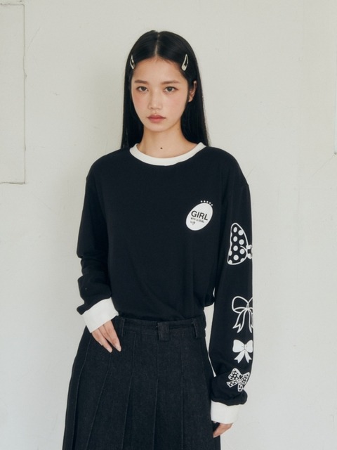 티셔츠,티셔츠 - 로액슈얼 (lo axual) - RIBBON PRINT LONG SLEEVE_BLACK