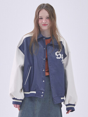 Vintage overfit lettering varsity single jacket jumper [blue]