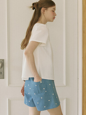 Daisy Embroidery Banding Shorts - Blue