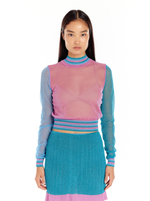 UPINKLE Paneled Sheer Knit Top - Pink/Blue/Green Multi