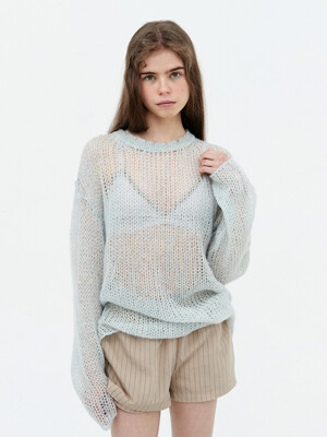 Mohair two-tone long knit. Cream/Sky blue
