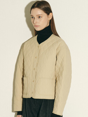 round sleeve crop quilting jacket_beige