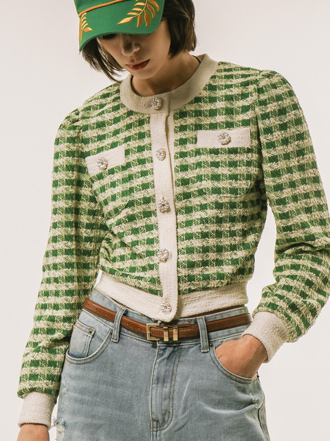 니트 - 언티지 (UNTAGE) - Gingham Boucle Cropped Knit Cardigan(Green)_UTW-SC11