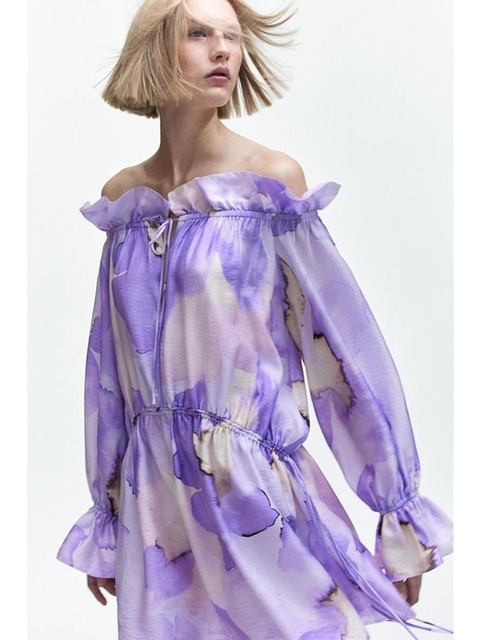 원피스 - 에이치엔엠 (H&M) - 오버사이즈 오프숄더 드레스 라이트 퍼플/플로럴 1176139001