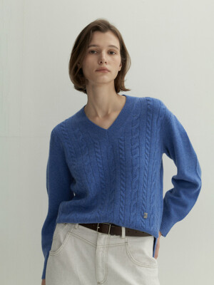 Cashmere 100% Sara Cable Pullover (Ocean Blue)