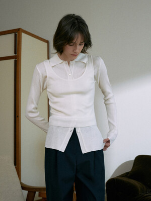 Ribbed Collar Cardigan Set-Up[LMBESPKN272]-Ivory