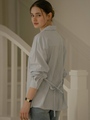 Strap two pocket striped long shirt_Blue