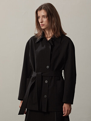 BELTED OVERSIZED HALF COAT JACKET(BLACK)