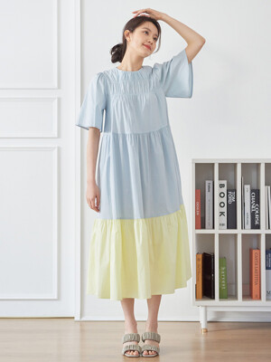 Color Block Shirring Romantic One-piece_skyblue