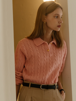 Cable collar neck knit top_Coral