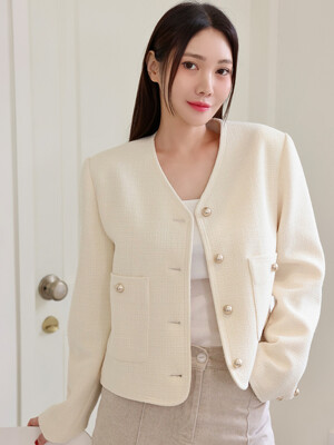 V-neck crop jacket - Cream beige