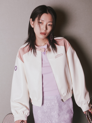 CROP FAUX LEATHER RACING JACKET_PINK