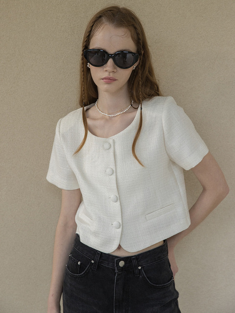 아우터 - 클렛 (clet) - Tweed Button Round Jacket Ivory