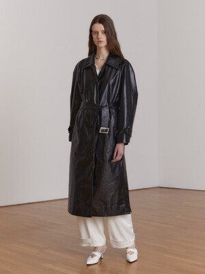 ALEX Coated Cotton Leather like Belted Trench Coat_Black