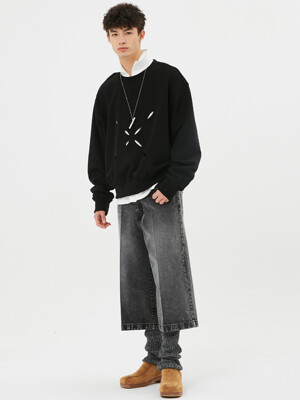 For men, Crochet Patch Culotte Denim Pants / Washed Out Black