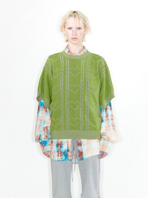 HEART&CABLE CREWNECK KNIT, GREEN