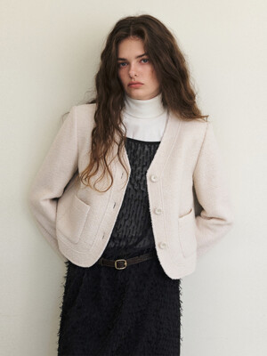 Curved Boucle Tweed Jacket, Ivory