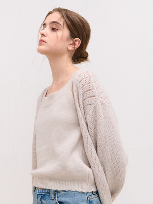 PUNCHING SLEEVELESS KNIT CARDIGAN SET LIGHT GRAY