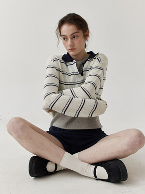 Stripe collar linen knit_NAVY