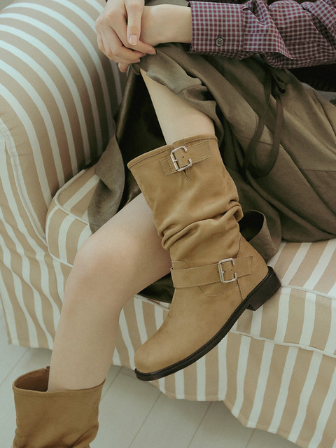 프리플라 [리퍼브]rfb5009 Buckle Detail Shirring Mid Boots - 4 Colors