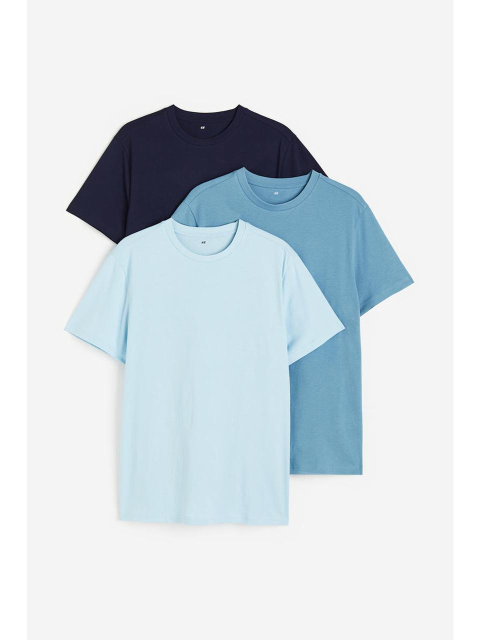 티셔츠 - 에이치엔엠 (H&M) - 레귤러핏 라운드넥 티셔츠 3피스 세트 라이트 블루/네이비 블루 0945531030