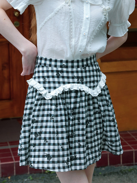 스커트 - 쎄무아듀 (Cest Moidew) - Cest_Retro rose checkboard skirt