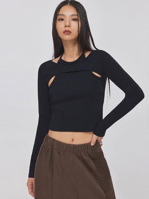 애슬레저,티셔츠 - 탑걸  (TOPGIRL) - FAKE BOLERO LAYERED LONG SLEEVE TOP_T326TP108(BK)