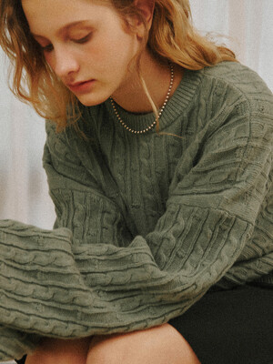 CABLE CROP BALLOON SLEEVE PULLOVER KNIT SAGE GREEN