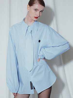 BLUE STRIPE GATHERED SLEEVE SHIRT AND TIE TYPE 2
