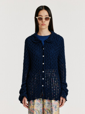 YELTS Cable Knit Collared Cardigan - Navy