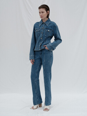 WRINKLE WASHED DENIM SLIT PANTS (BLUE)