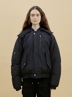 Detachable-Hood Cocoon Bomber Jacket (BLACK)