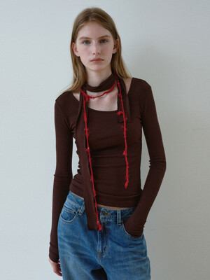 NECK POINT RIBBED TOP_BROWN