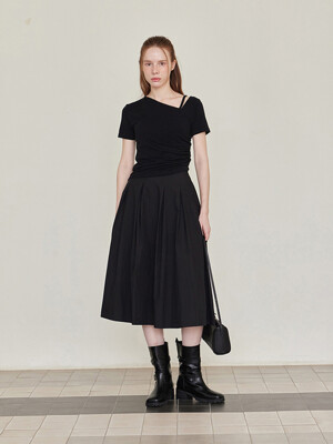 Pleated Banding Long Skirt - Black