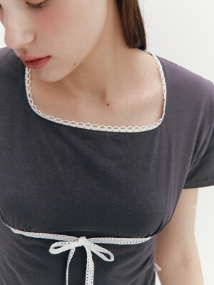 Lace Ribbon Shirring Top Charcoal