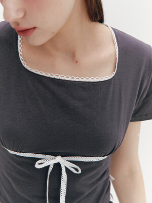 Lace Ribbon Shirring Top Charcoal