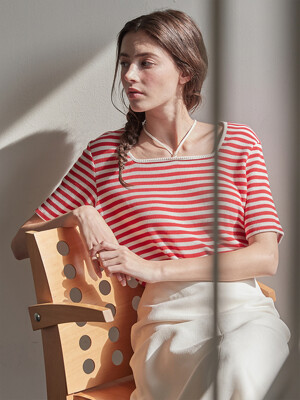 Square neck waffle t shirt - Red stripe
