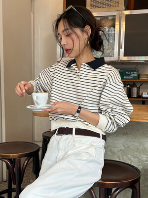 보르센 볼륨 슬리브 피케 셔츠 (Cream navy stripe)