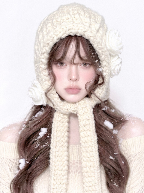 이든빈 [선물포장|세트 상품|2차 리오더]Handmade Giant Yarn Crochet Flower Cable Knit Balaclava Hooded Muffler
