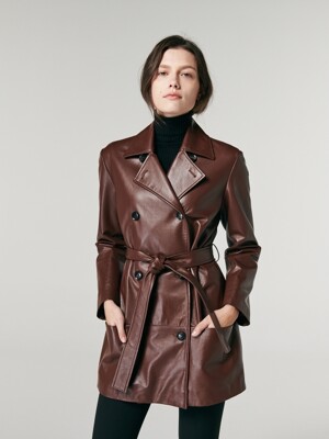 LAMBSKIN DOUBLE-BREASTED LEATHER COAT. BROWN