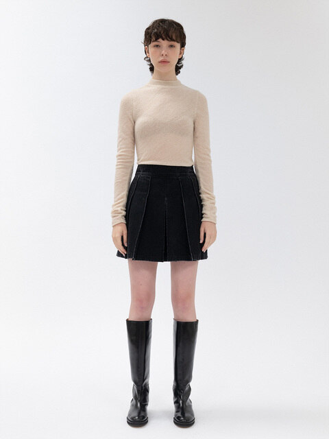 데님 - 르 (LE) - pleats denim mini skirt (black)