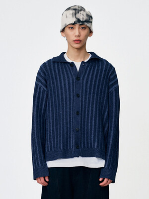 TWO-TONE KEYBOARD OPEN COLLAR CARDIGAN NAVY