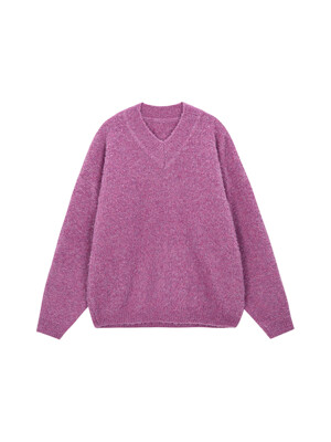 Wool Boucle V-neck Big Logo Pullover_pink