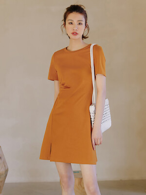 LS_Orange waist-pleated dress