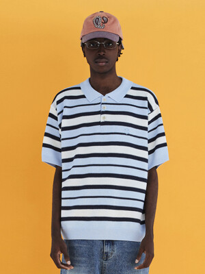 STRIPE KNIT POLO SHIRT / SKY BLUE