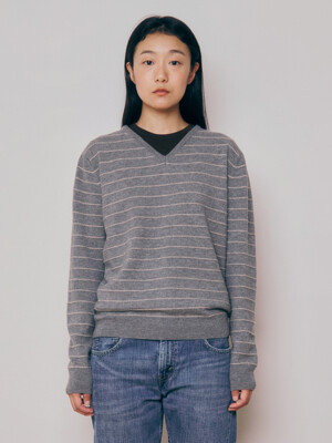 [Women] Super Fine Wool Stripe V-Neck Sweater (Grey)