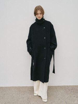 STOCKHOLM Buckle Wool High Neck Oversized Double Coat_Black