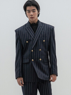 Pinstriped Wool-Silk Double-Breasted Blazer(UNISEX)_UTH-SB22